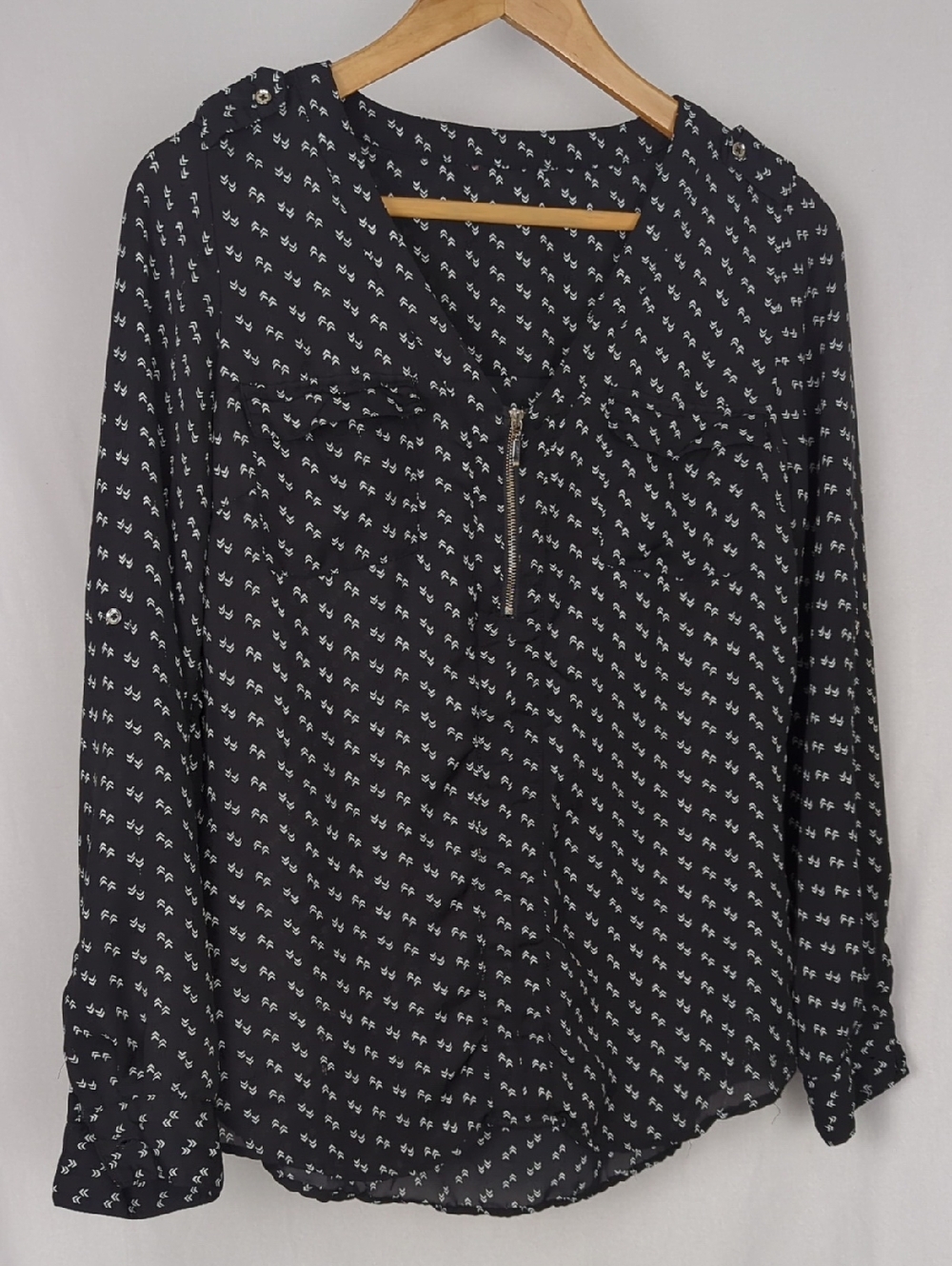 Women's Black Sheer Roll Tab Sleeve Blouse With White Arrow Print